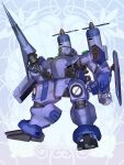  blue_background chain_paradox full_body highres holding holding_weapon kakizaka_hachishika mecha no_humans propeller robot standing weapon 