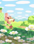  blue_sky bug butterfly colored_skin flower highres jumping kirby kirby&#039;s_dream_land_3 kirby_(series) mountainous_horizon nantan_chu_0 no_humans open_mouth pink_skin red_flower rick_(kirby) riding sky solid_circle_eyes solid_oval_eyes whiskers white_flower 