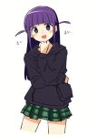  1girl :d arm_across_waist black_hoodie blunt_bangs blush cowboy_shot cropped_torso green_skirt hand_on_own_chin hand_up highres hood hood_down hoodie long_hair long_sleeves looking_at_viewer miniskirt open_mouth pix3dayo plaid plaid_skirt pleated_skirt purple_eyes purple_hair shoujo_kageki_revue_starlight sidelocks simple_background skirt smile solo standing translated tsuyuzaki_mahiru two_side_up white_background 