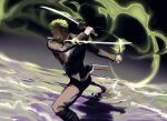  1boy aura black_pants black_suit earrings green_hair highres holding holding_sword holding_weapon jewelry katana kotomine_(a1569) one_piece pants roronoa_zoro scar scar_across_eye suit sword triple_wielding weapon 