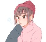  1girl beanie blush brown_hair closed_mouth commentary_request hat highres jacket kashikaze long_sleeves pink_jacket real_life red_headwear saitou_shuka short_hair sidelocks simple_background sleeves_past_wrists solo star_(symbol) upper_body voice_actor white_background zipper zipper_pull_tab 