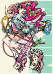  1girl artist_name baseball_bat belt_chain bracelet cellphone chain decora english_text engrish_text fire highres jewelry lock nail nail_bat original padlock phone pink_hair profanity project.c.k. punk ranguage skull smartphone tattoo thumb_ring twintails unmoving_pattern 