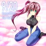  1girl absurdres aqua_eyes belt black_belt black_footwear black_shirt blue_pants boots bou breasts brown_hair cargo_pants character_name cloud covered_collarbone dog_tags hair_behind_ear halter_shirt halterneck happy_birthday highres large_breasts looking_up muv-luv muv-luv_altered_fable official_art pants shirt shirt_tucked_in side_ponytail sitting smile solo tsukiji_tae wariza 