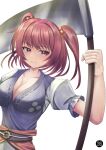  1girl absurdres breasts cleavage closed_mouth coin commentary hair_bobbles hair_ornament highres holding holding_scythe obi onozuka_komachi red_eyes red_hair sash scythe short_sleeves simple_background smile solo tofuandsoup touhou two_side_up upper_body white_background 