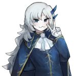  1boy :3 argalia_(library_of_ruina) ascot blue_cape blue_coat blush cape closed_mouth coat collared_cape gloves gold_trim horns library_of_ruina long_hair long_sleeves looking_at_viewer project_moon simple_background smile smoke_(killscreen_s) solo upper_body very_long_hair white_ascot white_background white_gloves white_hair 