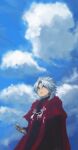  1boy amakusa_shirou_(fate) black_shirt blue_sky cape closed_mouth cloud commentary_request cowboy_shot cross cross_necklace cross_print expressionless fate_(series) jewelry long_sleeves looking_afar male_focus mogukk necklace parted_bangs red_cape shirt short_hair sky solo stole white_hair yellow_eyes 