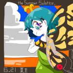  1girl 3ma_can_omochi arthropod_girl black_border blue_eyes blue_hair blush border butterfly_wings closed_mouth cloud commentary_request cowboy_shot cross-shaped_pupils dated dress english_text eternity_larva from_behind green_dress hair_behind_ear hand_up highres looking_at_viewer looking_back multicolored_eyes off-shoulder_dress off_shoulder outside_border purple_eyes short_hair smile solo symbol-shaped_pupils touhou translation_request transparent_wings twitter_username wings yellow_eyes 