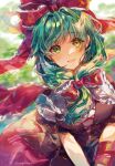  1girl :d absurdres ayatsuki_sugure blurry blush bow breasts brown_dress depth_of_field dress front_ponytail green_eyes green_hair hair_bow highres kagiyama_hina long_hair looking_at_viewer medium_breasts open_mouth red_bow red_ribbon ribbon smile solo touhou upper_body v_arms 