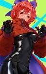  1girl akatsuki_records blue_bow blush bow breasts cape covered_navel hair_bow highres indica long_sleeves medium_breasts open_mouth red_cape red_eyes red_hair rock_&#039;n&#039;_rock_&#039;n&#039;_beat sekibanki short_hair smile solo touhou upper_body 