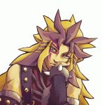  1boy blonde_hair bracelet dyed_bangs facial_mark hachiko_(wakadanna789) hand_on_own_face jacket jewelry long_hair male_focus paradox_(yu-gi-oh!) simple_background solo spiked_bracelet spiked_hair spikes studded_jacket upper_body white_background yellow_eyes yu-gi-oh! yu-gi-oh!_3d_bonds_beyond_time 