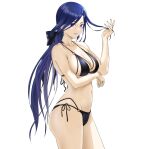  1girl alternate_costume arm_under_breasts bikini black_bikini black_bow blue_hair bow breasts clorinde_(genshin_impact) collarbone dangle_earrings dark_blue_hair earrings from_side genshin_impact hair_bow hair_lift halterneck hand_up highres jewelry large_breasts long_hair looking_at_viewer looking_to_the_side low_ponytail mitsugu multi-strapped_bikini_bottom multi-strapped_bikini_top nail_polish navel o-ring o-ring_bikini purple_eyes side-tie_bikini_bottom smile solo swimsuit teardrop_earrings very_long_hair 