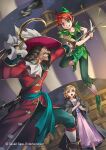  1girl 2boys blue_eyes captain_hook dress female_child green_eyes hat holding holding_knife holding_sword holding_weapon hook_hand jolly_roger knife kriss_sison male_child multiple_boys peter_pan peter_pan_(character) pink_dress pirate pirate_hat ponytail sword weapon wendy_darling 