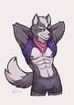  abs anthro barazoku big_bulge bottomwear bulge canid canine canis clothed clothing fangs fur grey_background grey_body grey_fur hand_on_head hi_res jacket looking_at_viewer male mammal muscular muscular_anthro muscular_male narrowed_eyes navel neckerchief nintendo nipples open_clothing open_jacket open_topwear pecs shorts simple_background smile solo standing star_fox teeth tokuya topwear whiskers wolf wolf_o&#039;donnell 