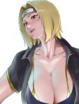  1girl absurdres blonde_hair breasts cleavage collarbone headband highres huge_breasts large_breasts looking_to_the_side naruto naruto_(series) short_hair short_sleeves simple_background solo tsunade_(naruto) white_background yellow_eyes yesman 