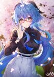  1girl ahoge arm_behind_back artist_name black_bow black_shirt blue_hair blurry bow breasts cherry_blossoms depth_of_field frilled_sleeves frills ganyu_(china_merchants_bank)_(genshin_impact) ganyu_(genshin_impact) gao_kawa genshin_impact glasses gradient_eyes high-waist_skirt highres long_sleeves looking_at_viewer medium_breasts multicolored_eyes official_alternate_costume purple_eyes red-framed_eyewear semi-rimless_eyewear shirt sidelocks skirt smile turtleneck white_skirt 