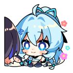  2girls ahoge bare_shoulders blue_hair blush chibi closed_mouth colored_inner_hair english_commentary fingerless_gloves gloves high_ponytail honkai_(series) honkai_impact_3rd light_blue_hair long_hair looking_at_another multicolored_hair multiple_girls official_art scarf seele_vollerei seele_vollerei_(stygian_nymph) shigure_kira short_hair smile solo_focus transparent_background upper_body white_scarf 