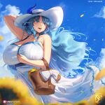  1girl absurdres animal_ears arm_up bare_shoulders basket blue_eyes blue_hair blurry breasts cleavage cloud cloudy_sky commission cow_ears cow_girl depth_of_field dress flower hat highres holding holding_basket horn_ornament horn_ring horns horns_through_headwear huge_breasts indie_virtual_youtuber knightfang long_hair miilkywayz mole mole_under_mouth open_mouth petals signature sky smile solo sun_hat sundress sunflower twitter_username very_long_hair virtual_youtuber 
