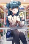  1girl absurdres black_pantyhose blue_hair blue_shorts blurry blurry_background blush breasts brown_sweater closed_mouth conveni_(vocaloid) convenience_store double_bun drinking_straw feet_out_of_frame fu_u03 glasses hair_behind_ear hair_between_eyes hair_bun head_rest highres indoors large_breasts light_particles long_hair long_sleeves looking_at_viewer original pantyhose pantyhose_under_shorts puffy_sleeves red_eyes round_eyewear shop shorts sitting smile solo stool sweater table 