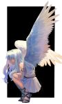  1girl 64kawa4 angel_wings armlet bare_shoulders caren_hortensia caren_hortensia_(amor_caren) caren_hortensia_(amor_caren)_(first_ascension) dress expressionless fate/grand_order fate_(series) feathered_wings full_body gladiator_sandals hair_intakes highres long_hair looking_to_the_side sandals solo squatting two-tone_background white_dress white_hair white_wings wings yellow_eyes 