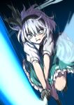  1girl black_hairband black_ribbon black_socks clenched_teeth collared_shirt green_eyes green_skirt green_vest grey_hair hair_between_eyes hair_ribbon hairband highres hitodama holding holding_sword holding_weapon inuno_rakugaki katana konpaku_youmu konpaku_youmu_(ghost) ribbon shirt short_hair short_sleeves skirt socks solo speed_lines sword teeth touhou vest weapon white_shirt 