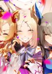  3girls absurdres admire_vega_(umamusume) animal_ears armor black_gloves blonde_hair blush bow bowtie breasts brown_hair closed_eyes closed_mouth coat confetti ear_piercing facing_viewer feet_out_of_frame fingerless_gloves gloves grin hand_up highres holding_hands horse_ears long_hair multiple_girls narita_top_road_(umamusume) open_mouth piercing purple_coat see-through see-through_sleeves shirt short_hair shoulder_armor small_breasts smile solo_focus sparkle sweat t.m._opera_o_(umamusume) umamusume umamusume:_road_to_the_top umeumeduka v-shaped_eyebrows white_gloves white_shirt 