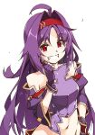  1girl :d ahoge armor bare_shoulders blush clenched_hand cowboy_shot detached_sleeves gloves grin groin hair_intakes hairband hand_on_own_hip headband highres long_hair looking_at_viewer navel open_mouth purple_gloves purple_hair red_eyes red_hairband shikei simple_background sleeveless smile solo sword_art_online teeth upper_body very_long_hair white_background yuuki_(sao) 