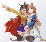  2girls animal_ears armband belt benikirin blue_eyes breasts brown_hair buttons coat coat_on_shoulders commentary cropped_legs domino_mask double-breasted dress el_condor_pasa_(umamusume) grass_wonder_(umamusume) grey_background hand_on_another&#039;s_shoulder highres holding_own_arm horse_ears horse_girl horse_tail jacket long_sleeves mask medium_breasts multiple_girls open_mouth pantyhose pointing purple_skirt red_coat skirt small_breasts smile tail thighhighs umamusume white_dress yellow_jacket 