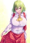  1girl ascot breasts collared_shirt green_background green_hair hair_between_eyes highres kazami_yuuka large_breasts long_sleeves looking_to_the_side mirufui open_mouth plaid plaid_skirt plaid_vest red_eyes red_skirt red_vest shirt short_hair skirt skirt_hold solo touhou upper_body vest white_shirt yellow_ascot 