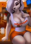  anthro aozee breasts canid canid_demon clothed clothing demon female fur grey_body grey_fur grey_hair hair hellhound helluva_boss hi_res hooters loona_(helluva_boss) mammal sitting_on_table solo 