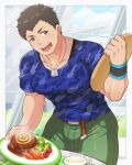  1boy aopanda bara blue_shirt blush cup food green_pants highres holding holding_plate idolmaster idolmaster_side-m jewelry large_pectorals male_focus muscular muscular_male necklace open_mouth pants pectorals plate purple_eyes shingen_seiji shirt smile solo wristband 