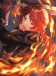  1boy absurdres diluc_(genshin_impact) fire genshin_impact hair_between_eyes highres long_hair male_focus mirin. open_mouth ponytail pyrokinesis red_eyes red_hair solo sword weapon 