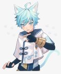  1boy animal_ear_fluff animal_ears aqua_eyes aqua_hair black_bodysuit blush bodysuit chongyun_(genshin_impact) cropped_legs genshin_impact grey_background hair_between_eyes highres kemonomimi_mode looking_at_viewer male_focus open_mouth paw_print simple_background solo sweat tail upper_body wamosukeda 