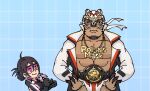  1boy 1girl animal_ears bara bare_pectorals bear_ears character_request cowboy_shot dark-skinned_male dark_skin deformed facial_hair fake_animal_ears goatee holding holding_microphone jewelry large_belt live_a_hero long_coat microphone muscular muscular_male navel necklace pectorals polaris_mask_(live_a_hero) pout sdz_(inazuma) wrestling_mask wrestling_outfit 