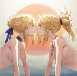  2girls ahoge alternate_costume artoria_pendragon_(fate) bare_shoulders blonde_hair braid breasts choker closed_eyes fate/apocrypha fate/stay_night fate_(series) french_braid green_eyes hair_bun hair_ornament hair_scrunchie half-closed_eyes highres jewelry long_hair mordred_(fate) mordred_(fate/apocrypha) multiple_girls necklace nude parted_bangs ponytail saber scrunchie sidelocks single_hair_bun small_breasts tonee 