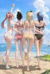  4girls arm_around_waist arm_up ass bare_legs beach bikini blurry blurry_background bow clenched_hand cloud commentary_request criss-cross_back-straps cross-laced_bikini cross-laced_clothes cross-laced_slit cumulonimbus_cloud day enokawa_kokoro facing_away feet fist_pump flip-flops footprints frilled_bikini frills from_behind full_body girl_sandwich group_picture hair_bow hair_bun hair_over_shoulder hand_on_another&#039;s_back hara_kenshi highres horizon kimishima_touka kneepits kunitomi_ryouka kuroba_mitsuha leg_lift legs lineup looking_afar median_furrow multi-strapped_bikini_bottom multiple_girls nape original outdoors outstretched_arm people ponytail raised_fist sand sandals sandwiched short_hair shoulder_blades side-tie_bikini_bottom single_hair_bun standing standing_on_one_leg swimsuit 
