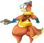  2017 2_tails alpha_channel anthro big_butt biped black_nose bodily_fluids butt clothing female fish floatzel fur generation_4_pokemon gloves handwear headgear headwear hi_res holding_object huge_butt looking_back marine multi_tail nintendo open_mouth orange_body orange_fur orange_tail pokemon pokemon_(species) shelby_(simplifypm) simple_background solo squiddy62 standing sweat tail transparent_background 