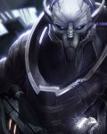  alien armor assault_rifle blue_eyes cybernetic_eye cybernetic_face cybernetics glowing glowing_armor glowing_eyes gun hi_res hood looking_at_viewer machine male mass_effect ranged_weapon rifle saren_arterius solo standing turian weapon zombie_makyr 