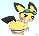  2020 anus anus_only artist_logo bent_over big_butt butt butt_focus clothing eyewear eyewear_on_head feral fur generation_2_pokemon goggles goggles_on_head gradient_background hi_res logo looking_at_viewer looking_back looking_back_at_viewer male mooning nintendo pichu pichu90 pokemon pokemon_(species) scarf simple_background solo sparks_pichu underwear white_scarf x_anus yellow_body yellow_fur 