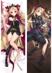  1girl arm_behind_back asymmetrical_sleeves bare_legs bare_shoulders black_dress black_leotard black_panties black_thighhighs blonde_hair blush cage cape dakimakura_(medium) detached_collar dress earrings ereshkigal_(fate) ereshkigal_(third_ascension)_(fate) fate/grand_order fate_(series) full_body grin groin hair_ribbon holding holding_cage holding_weapon infinity jewelry knees_together_feet_apart knees_up leotard long_hair looking_at_viewer meslamtaea_(weapon) moeanime off_shoulder orange_eyes panties red_cape red_ribbon ribbon single_bare_leg single_sleeve single_thighhigh smile strapless strapless_dress thighhighs tiara two_side_up underwear very_long_hair weapon 
