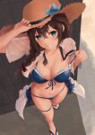  1girl arm_up beach bikini blue_bikini blue_eyes blue_flower blurry braid breasts brown_hair collarbone commentary_request day depth_of_field dress_shirt flower from_above front-tie_bikini_top front-tie_top hair_between_eyes hair_over_shoulder hat hat_flower highres k_jie kantai_collection long_hair looking_at_viewer medium_breasts navel ocean official_alternate_costume open_clothes open_shirt outdoors parted_lips pulled_by_self sandals shadow shigure_(kancolle) shigure_kai_san_(kancolle) shirt short_sleeves single_braid smile solo standing strap_pull straw_hat swimsuit toes wet wet_clothes wet_shirt white_shirt 