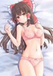  1girl black_hair bow bra breasts cleavage closed_mouth commentary forneus_0 groin hair_bow hakurei_reimu highres long_hair looking_at_viewer lying medium_breasts navel on_back on_bed panties pink_bra pink_panties red_bow red_eyes sidelocks solo touhou underwear 