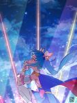  1girl artist_name backlighting beams blue_cape blue_dress blue_eyes blue_hair bow_skirt cape commentary cure_sky cut_bangs detached_sleeves dress fingerless_gloves gloves hand_to_own_mouth highres hirogaru_sky!_precure long_hair looking_to_the_side magical_girl multicolored_hair night night_sky outdoors own_hands_together pink_hair precure puffy_detached_sleeves puffy_sleeves red_cape short_dress signature sky sleeveless sleeveless_dress solo sora_harewataru squatting star_(sky) starry_sky streaked_hair tete_a thighhighs twintails two-sided_cape two-sided_fabric two-tone_hair very_long_hair white_gloves white_thighhighs wind wing_hair_ornament 
