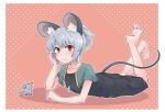  1girl alternate_hairstyle animal_ear_fluff animal_ears barefoot blue_capelet capelet closed_mouth commentary crystal fingernails flat_chest full_body grey_hair grey_shirt grey_skirt hand_in_own_hair high_ponytail highres jewelry looking_at_viewer lying mouse mouse_ears mouse_girl mouse_tail nazrin on_stomach outline pendant pink_background red_eyes shirt short_hair short_ponytail skirt smile soles solo tail the_pose toes touhou white_outline yan_pai 