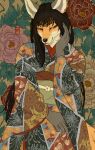  2023 anthro asian_clothing biped black_body black_fur black_hair blue_eyes canid canine clothing detailed_background digital_media_(artwork) east_asian_clothing female floral_pattern fox fur hair hi_res japanese_clothing kimono long_hair looking_aside mammal multicolored_body multicolored_fur orange_body orange_fur solo white_body white_fur yen_rin 