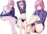  1girl 3_small_spiders absurdres barefoot bikini black_bikini_bottom blush can commentary_request feet feet_out_of_frame girls&#039;_frontline highres holding holding_can jacket knees_up legs linea_alba long_hair long_sleeves looking_at_viewer multicolored_hair multiple_views navel pink_hair purple_bikini purple_hair purple_jacket simple_background smile st_ar-15_(girls&#039;_frontline) streaked_hair swimsuit toenails toes two-tone_hair white_background 