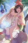  2girls :o anzu_(v0_0v_o0) beanie blonde_hair blush braid carrying closed_eyes cloud commentary_request cosmog day dress eyelashes green_eyes green_shorts hat lillie_(pokemon) long_hair multiple_girls open_mouth outdoors palm_tree piggyback pokemon pokemon_(creature) pokemon_(game) pokemon_sm red_headwear selene_(pokemon) shirt short_sleeves shorts sky t-shirt teeth tongue tree twin_braids upper_teeth_only white_dress 