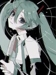  1girl black_sleeves blade_to_throat commentary crying detached_sleeves green_eyes green_hair green_necktie hatsune_miku highres holding holding_knife knife long_hair looking_at_viewer necktie shirt sleeveless sleeveless_shirt solo tabun_ningen twintails vocaloid 