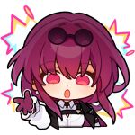  1girl chibi earrings english_commentary explosion eyewear_on_head gloves honkai:_star_rail honkai_(series) jewelry kafka_(honkai:_star_rail) long_sleeves looking_at_viewer official_art open_hand purple_eyes purple_gloves purple_hair round_eyewear shirt solo transparent_background white_shirt white_sleeves 