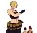  1girl 2boys abs alternate_breast_size annie_leonhardt bandana bertolt_hoover black_gloves black_pants black_tank_top blonde_hair blue_eyes breasts clark_still clark_still_(cosplay) cleavage commentary cosplay dark-skinned_male dark_skin frown gloves hair_bun hanpetos large_breasts leona_heidern leona_heidern_(cosplay) midriff multiple_boys navel pants ralf_jones ralf_jones_(cosplay) red_bandana reiner_braun serious shingeki_no_kyojin single_hair_bun sunglasses tank_top the_king_of_fighters the_king_of_fighters_xiii toned 