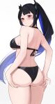  1girl ass back bare_shoulders bikini black_bikini black_hair blue_hair blush breasts closed_mouth colored_inner_hair commentary english_commentary floating_hair from_behind highres hololive hololive_english horns ku_roiko large_breasts long_hair looking_at_viewer looking_back mole mole_under_eye multicolored_hair nerissa_ravencroft red_eyes simple_background solo swimsuit thighs two-tone_hair very_long_hair virtual_youtuber white_background 